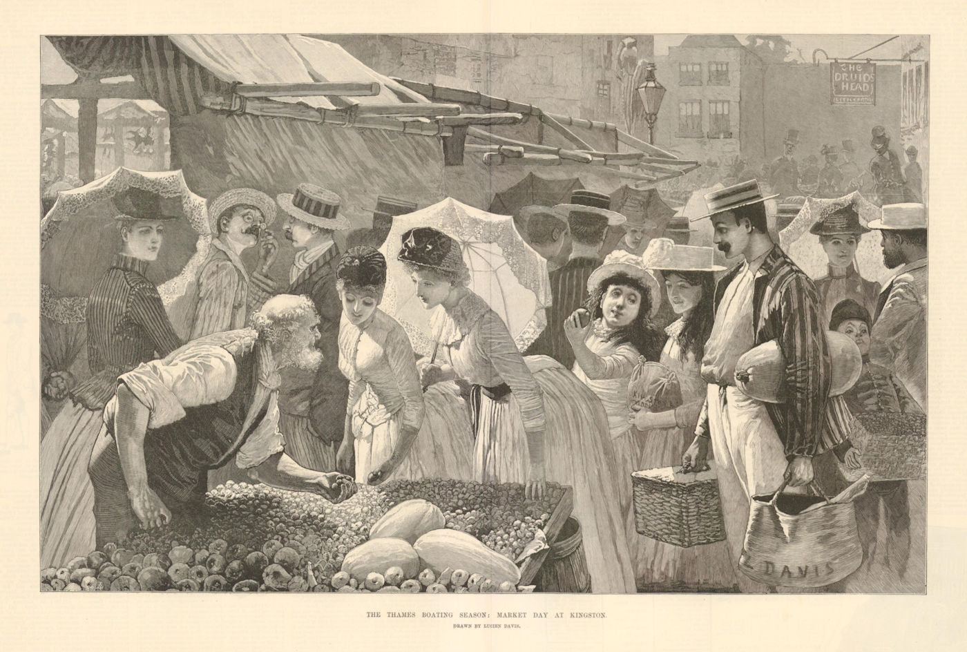 Thames boating season: market day at Kingston. Druid's Head pub 1887 old print